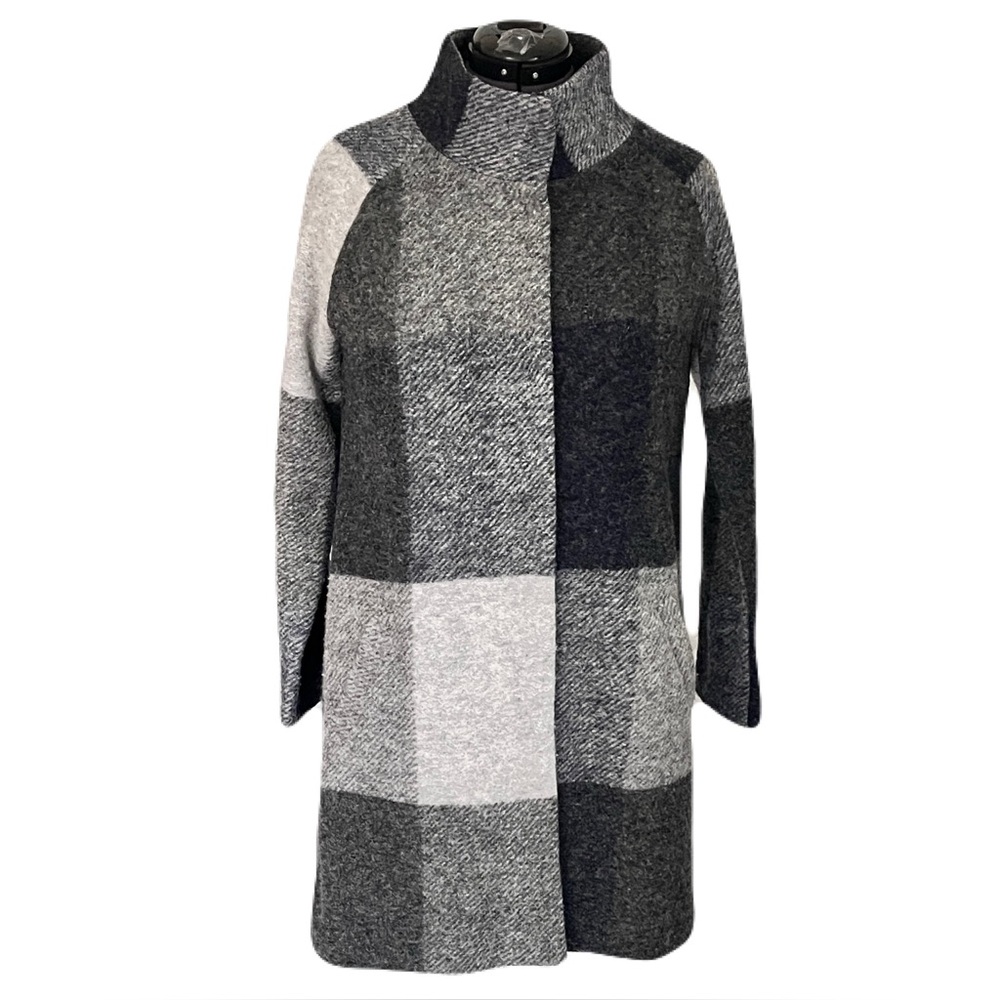 Max Studio Grey Buffalo Plaid Wool Blend Funnel Neck Coat, Size M